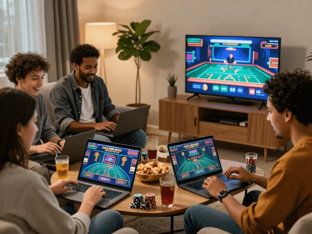 Les joueurs s'immergent dans un nouveau casino en ligne, joyeusement connectés à des jeux en direct.