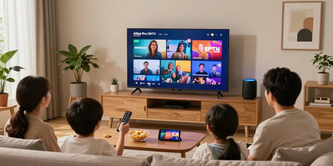 Profitez de l'expérience IPTV d'Atlas Pro ONTV dans un salon chaleureux avec une famille regardant la télévision.
