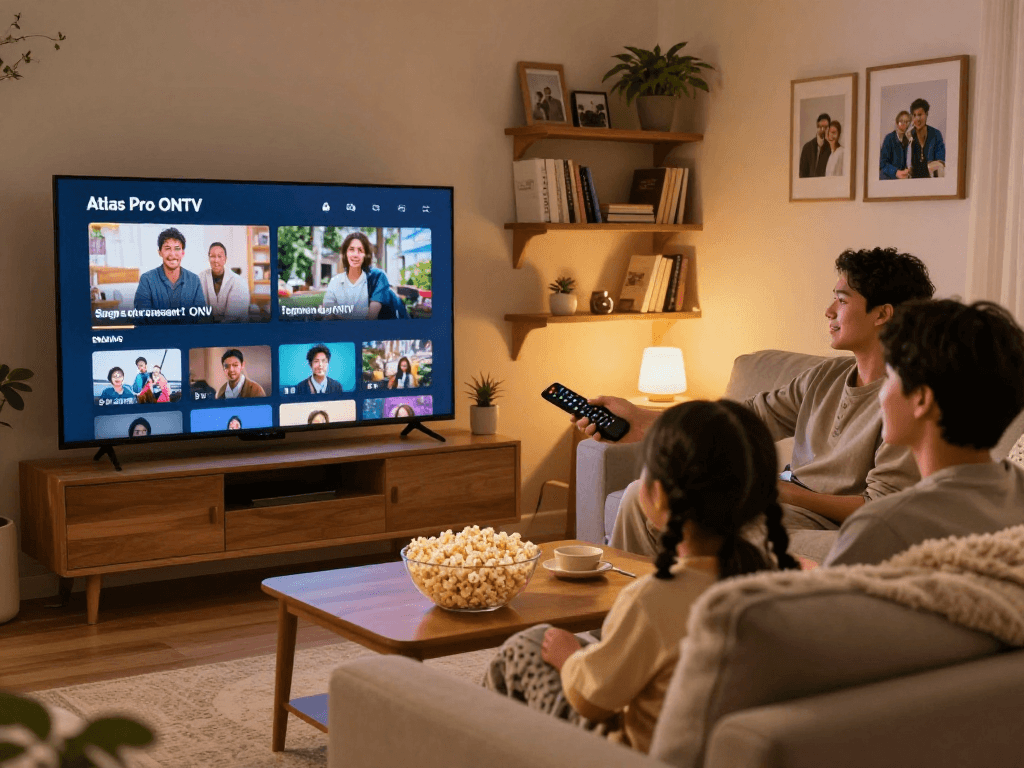 Une famille profitant de l'Atlas Pro ONTV sur un Smart TV avec une ambiance chaleureuse.
