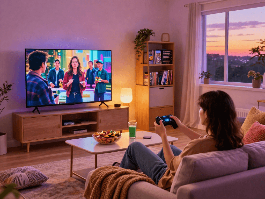 Configuration professionnelle et relaxante de Iron tv pro dans un salon moderne avec télévision, canapé et décor chaleureux.