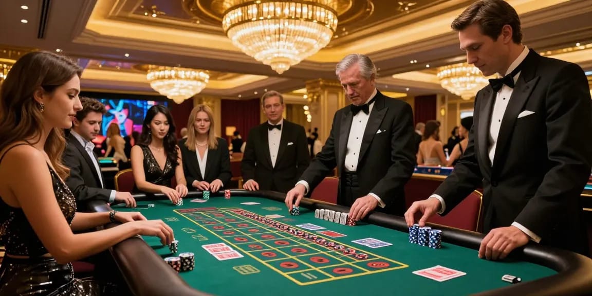 Scène d'un casino en ligne avec des joueurs et un croupier, illustrant le meilleur casino en ligne.