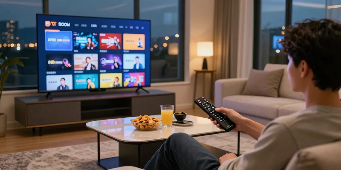 Vision d'un utilisateur regardant Iron tv sur une télévision à écran plat dans un salon moderne.