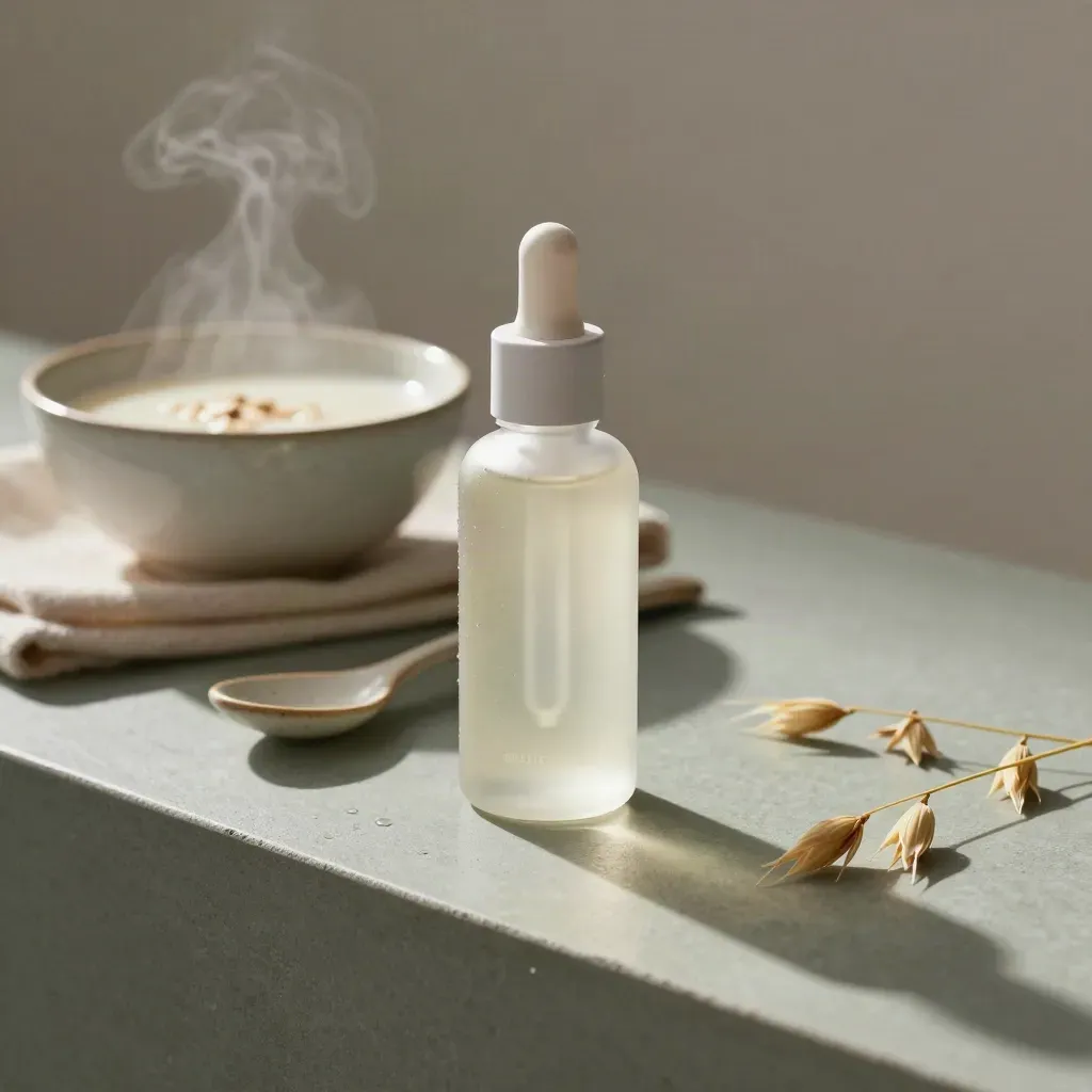 Sérum visage en verre dépoli, bol de lait d’avoine fumant, linge de lin et tiges d’avoine sur pierre claire