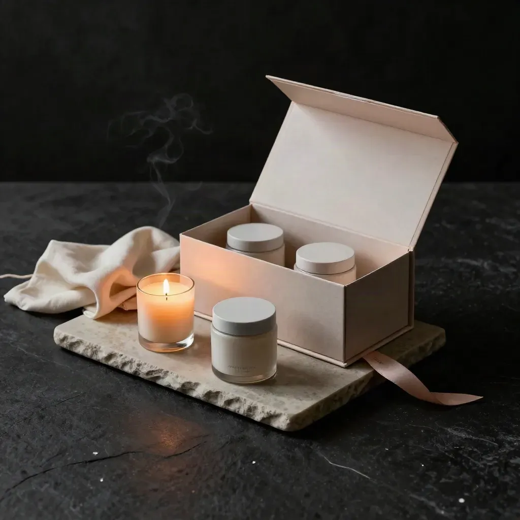 Coffret cadeau ouvert avec deux pots, une bougie, un tissu plié et un plateau en pierre.