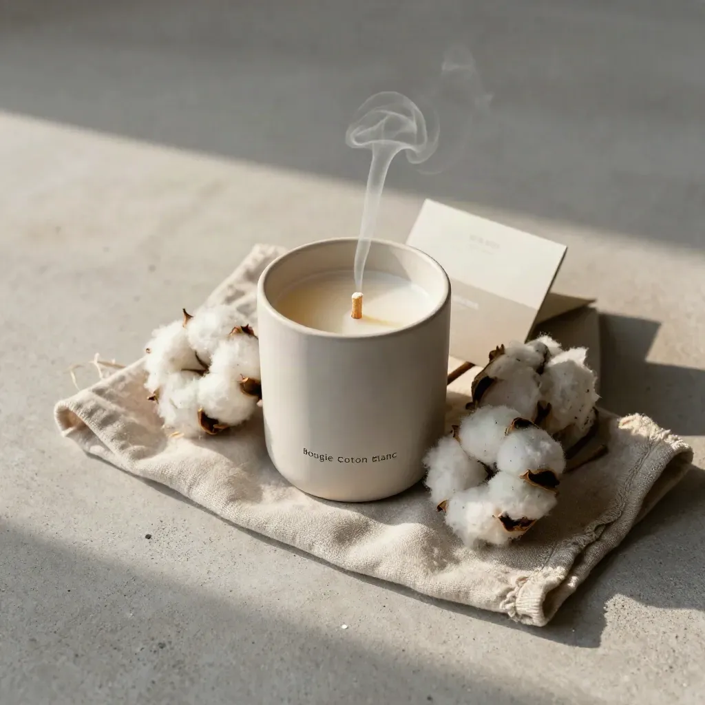 Bougie en céramique blanche avec coton et linge, vue du dessus minimaliste.