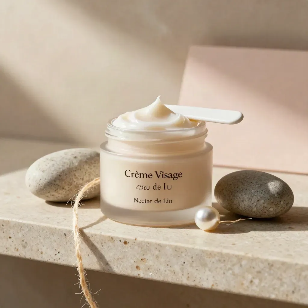 Crème visage en pot ouvert, spatule satinée, fibres de lin et pierre mate, lumière douce.