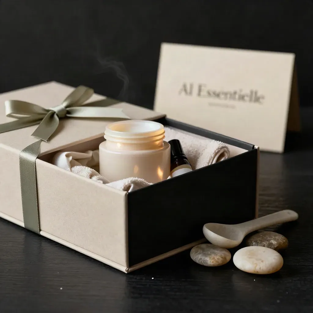 Coffret rituel du matin ouvert avec pot crème, flacon, cuillère en pierre et serviette sur bois sombre.