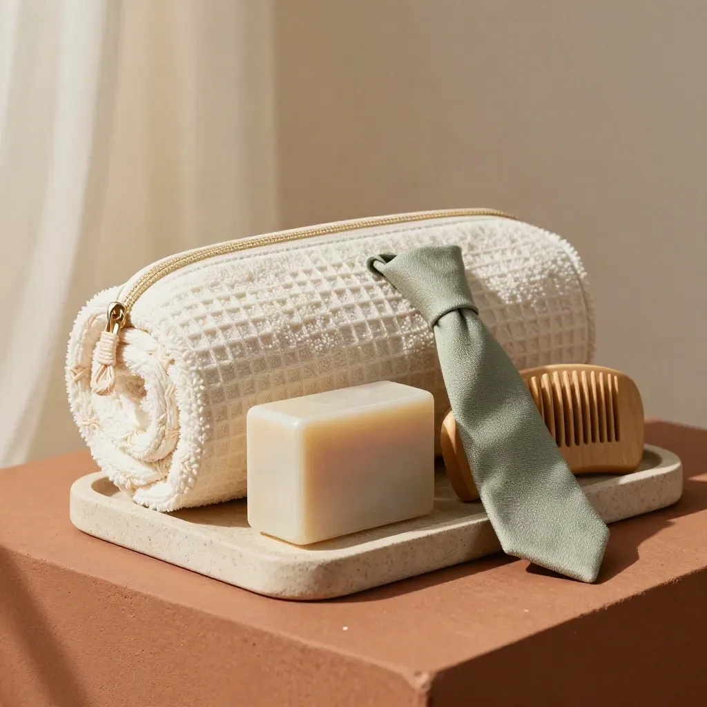 Trousse de bain ivoire avec serviette gaufrée, savon, peigne en bois et plateau en pierre.