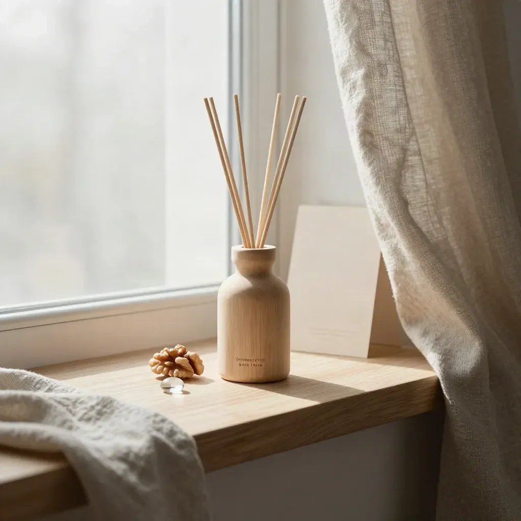 Diffuseur bois clair avec roseaux, tranche de noyer, galet de verre et lin en lumière douce.