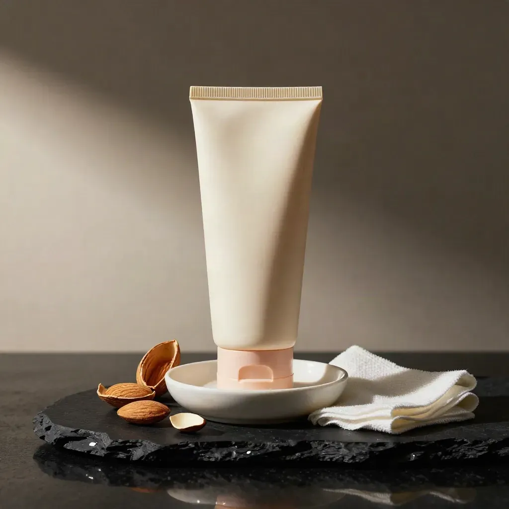 Bouteille d’huile démaquillante amande, coquilles d’amande, coupelle crème et gaze sur fond sombre.