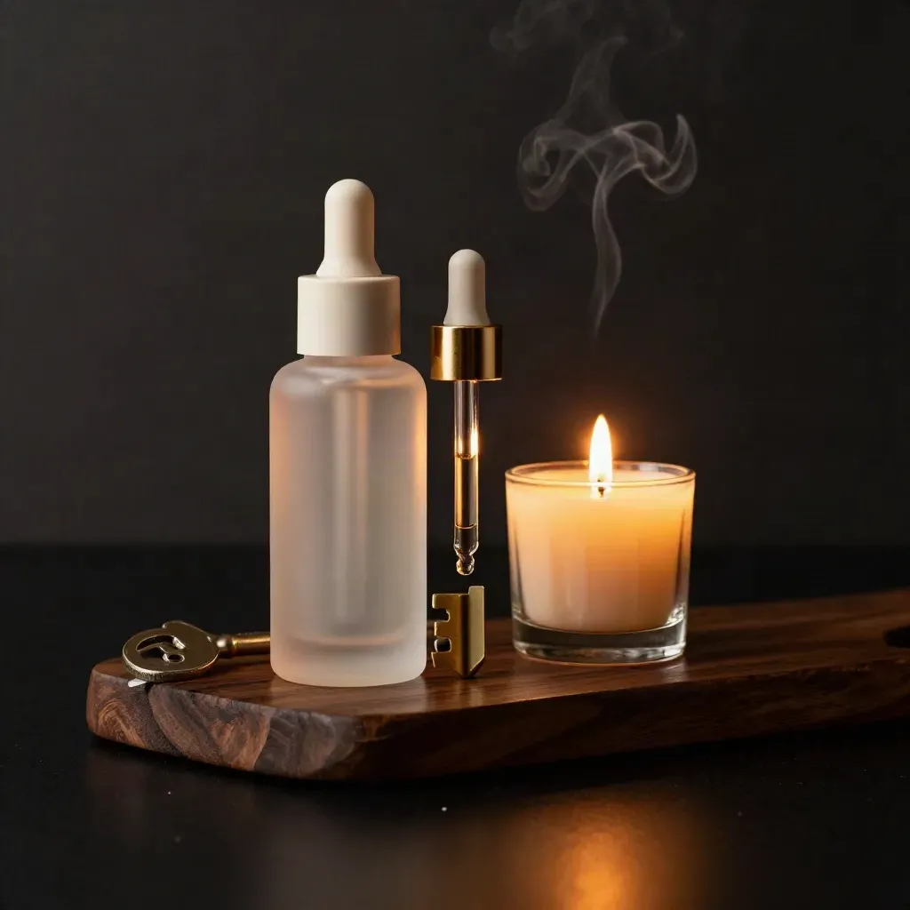 Bougie et soins visage sur dalle de noyer, lumière dorée et fumée légère