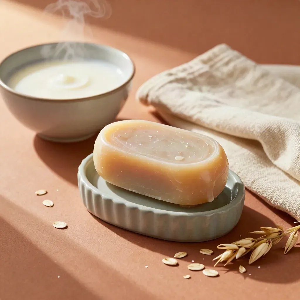 Barre de savon à l’avoine sur coupelle striée, bol de lait d’avoine et linge en lin.
