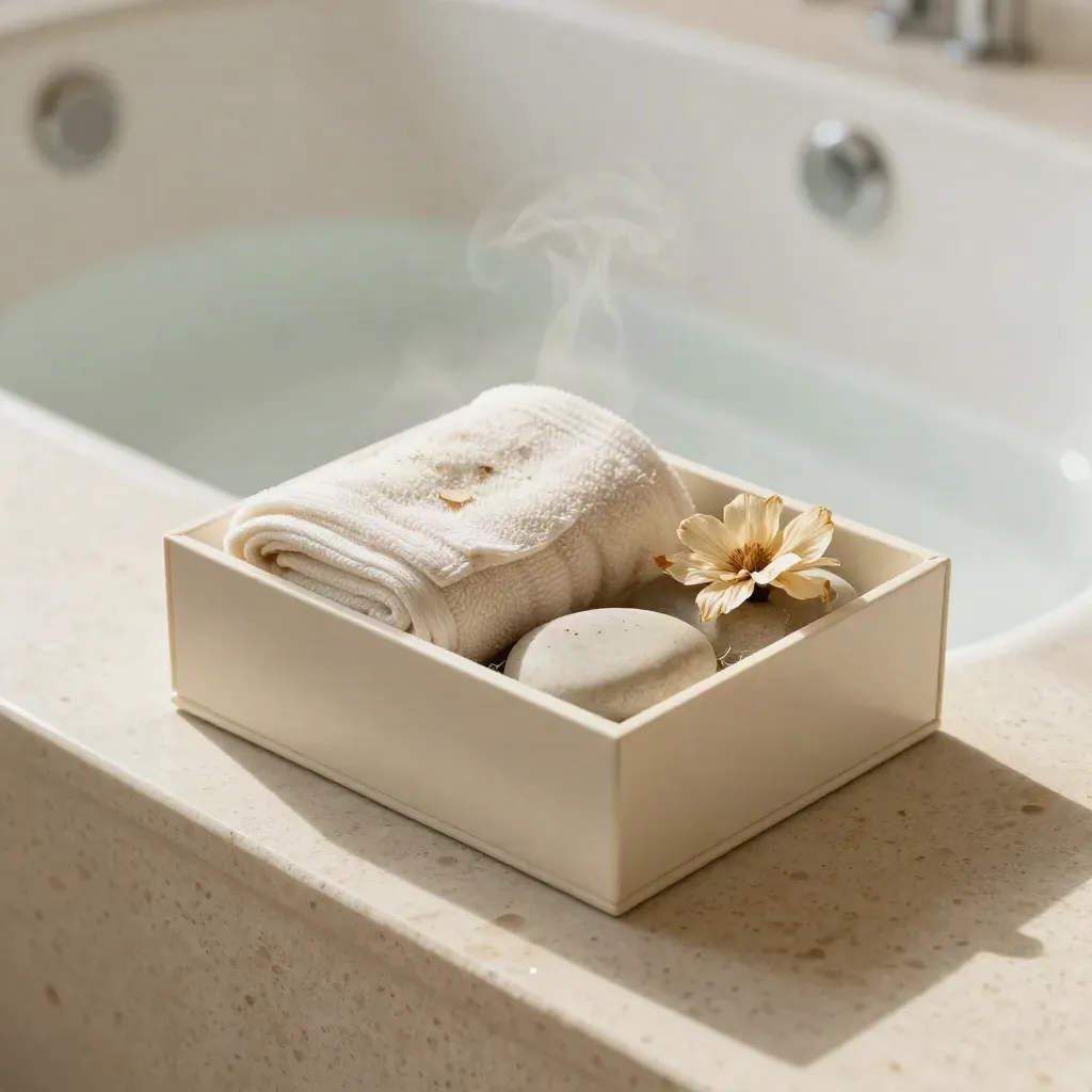 Coffret mini spa ouvert avec serviette pliée, galet et fleur séchée sur pierre claire.