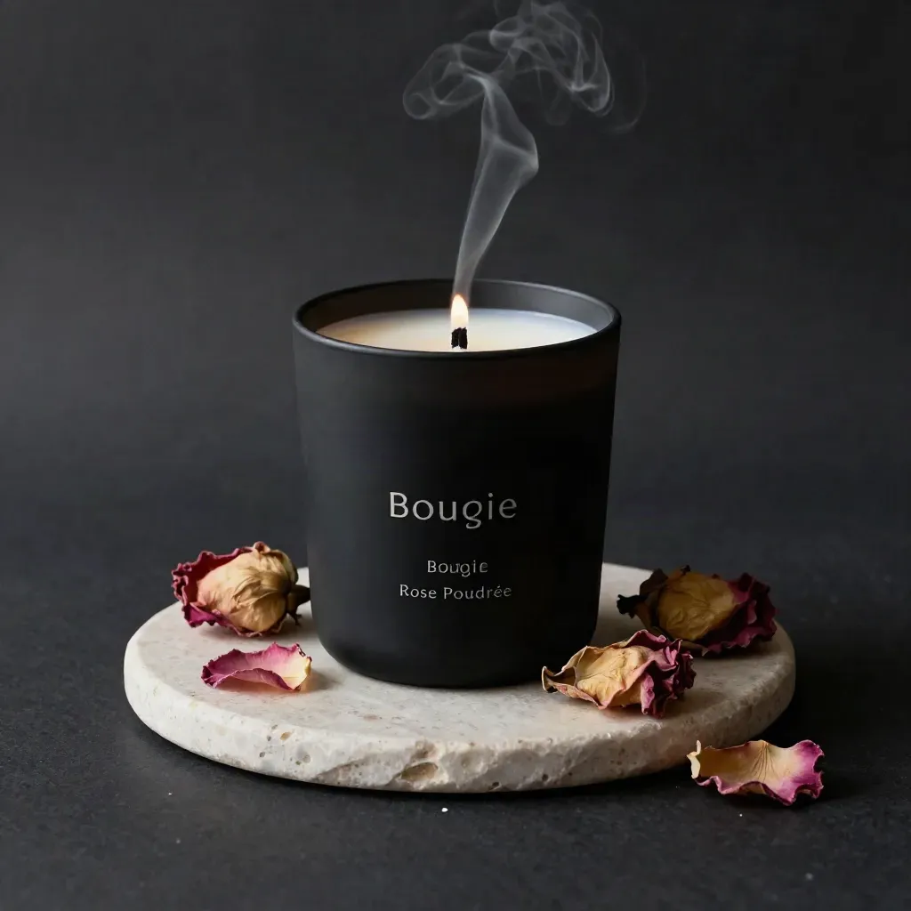 Bougie rose poudrée fumante sur pierre, pétales de rose et lumière dramatique