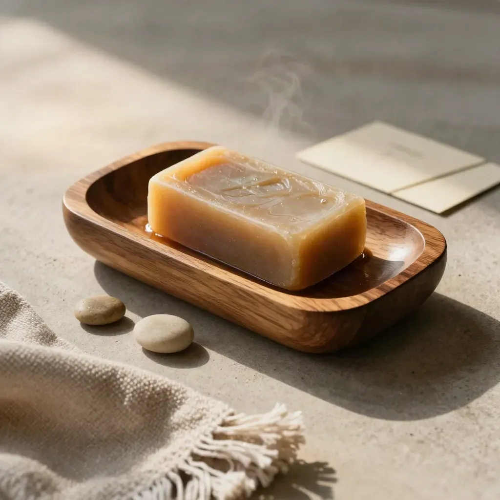 Porte-savon en bois humide avec serviette en lin et deux galets sur fond minéral.