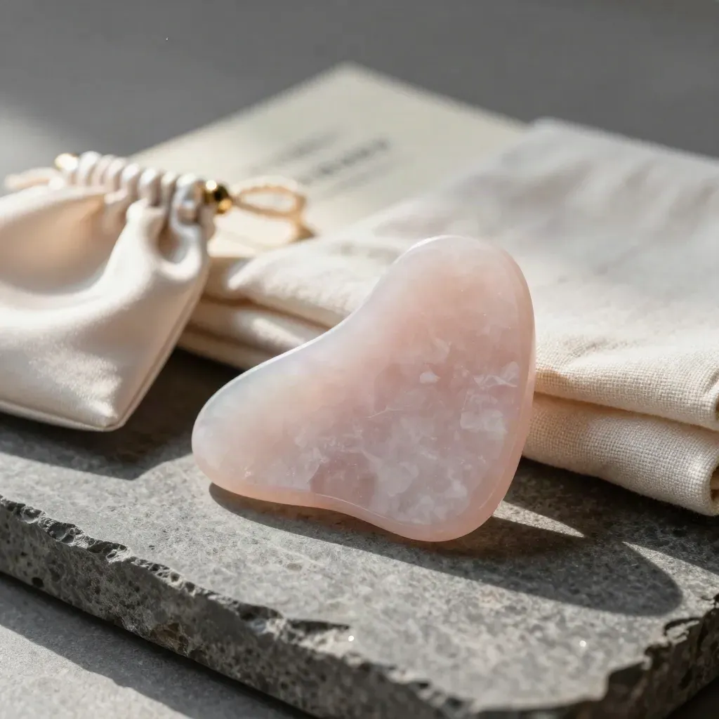 Pierre de gua sha en quartz rose avec pochette satin, perle crème et linge plié.