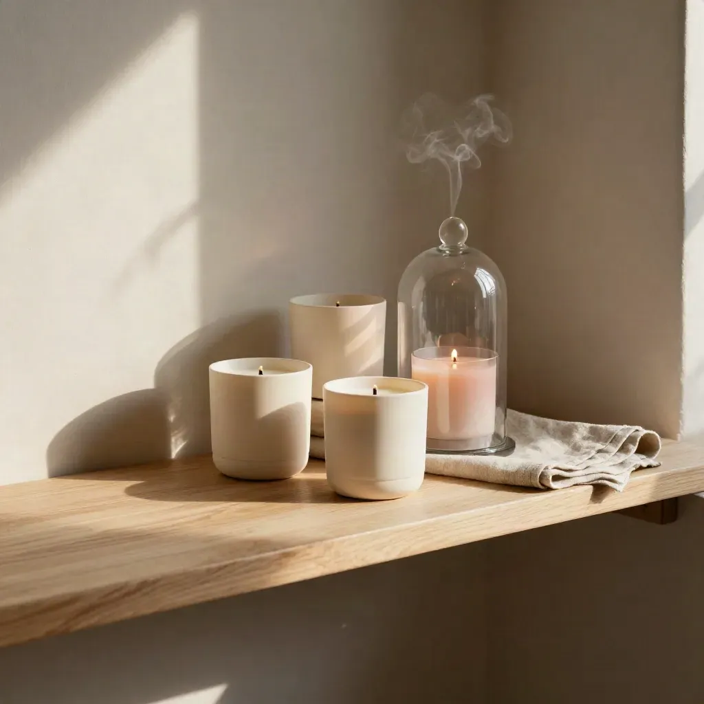 Trois bougies parfumées sur un bois clair, halo de plâtre et brume douce en haut de l’image.