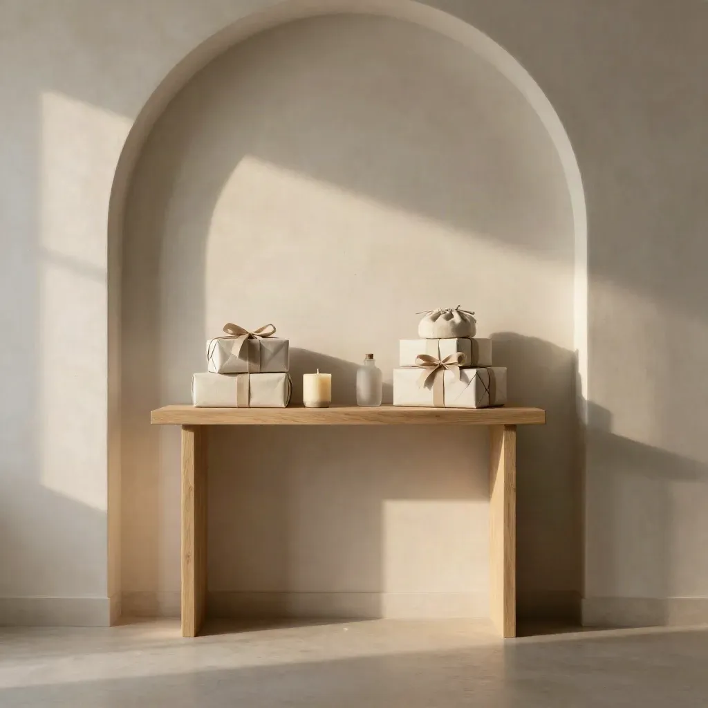 Couloir minimaliste avec arche en plâtre et coffrets cadeaux sur console, lumière dorée.