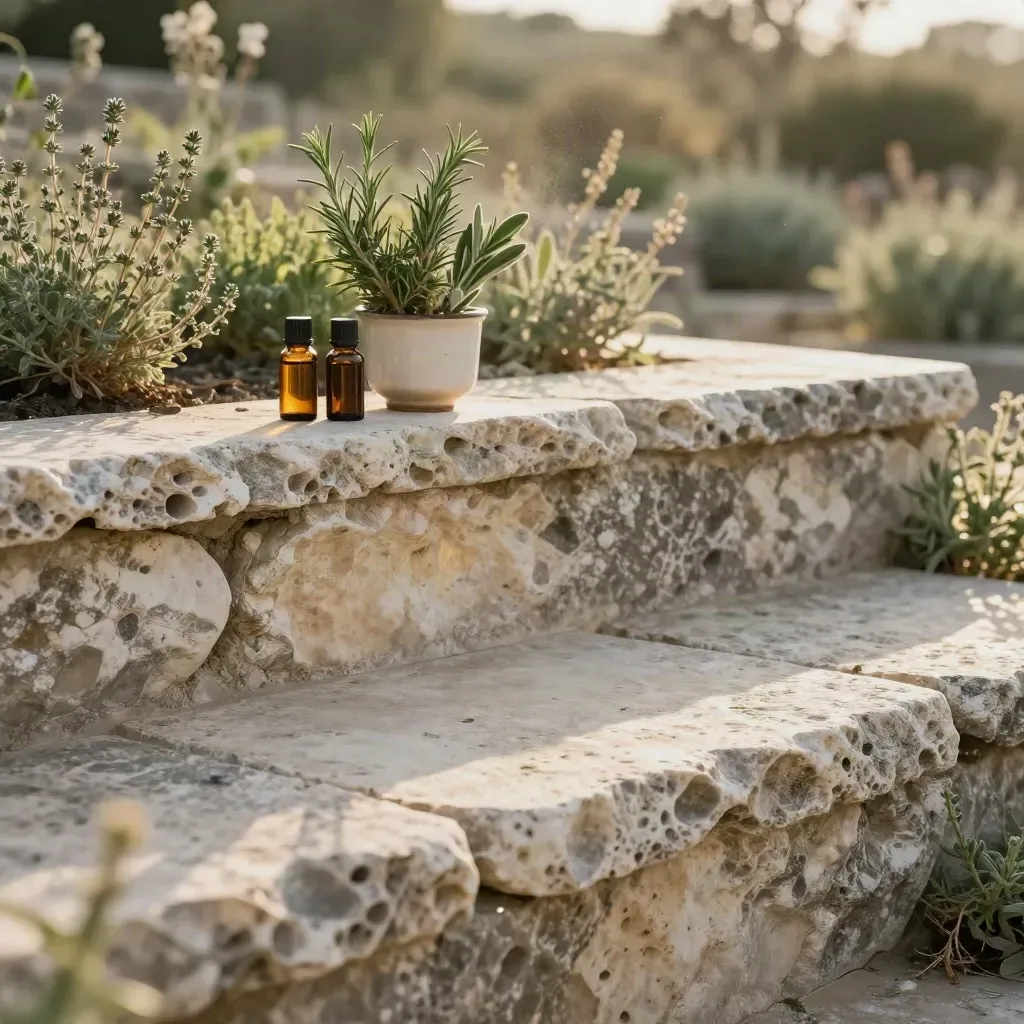 Terrasse en pierre claire, flacons d’huiles essentielles et herbes au soleil couchant.